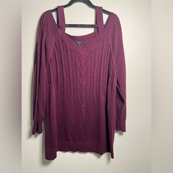 Torrid Burgundy Purple Cable Knit Open Shoulder Tunic Sweater - Picture 2 of 8